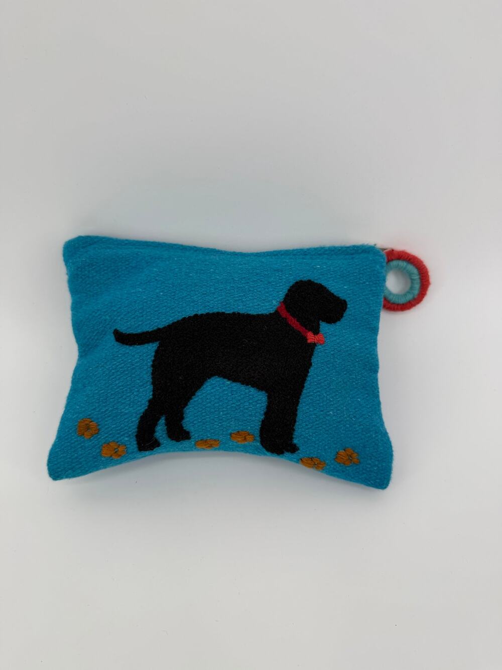 Handwoven wool embroidered cosmetic pouch, Jenny Krauss, dog design